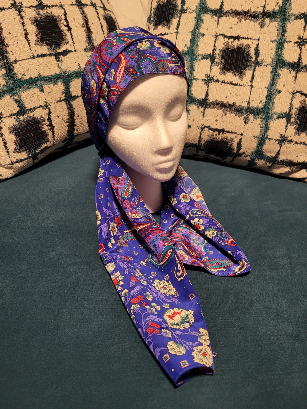 Silk-Feel Paisley Floral Headscarf - Blue